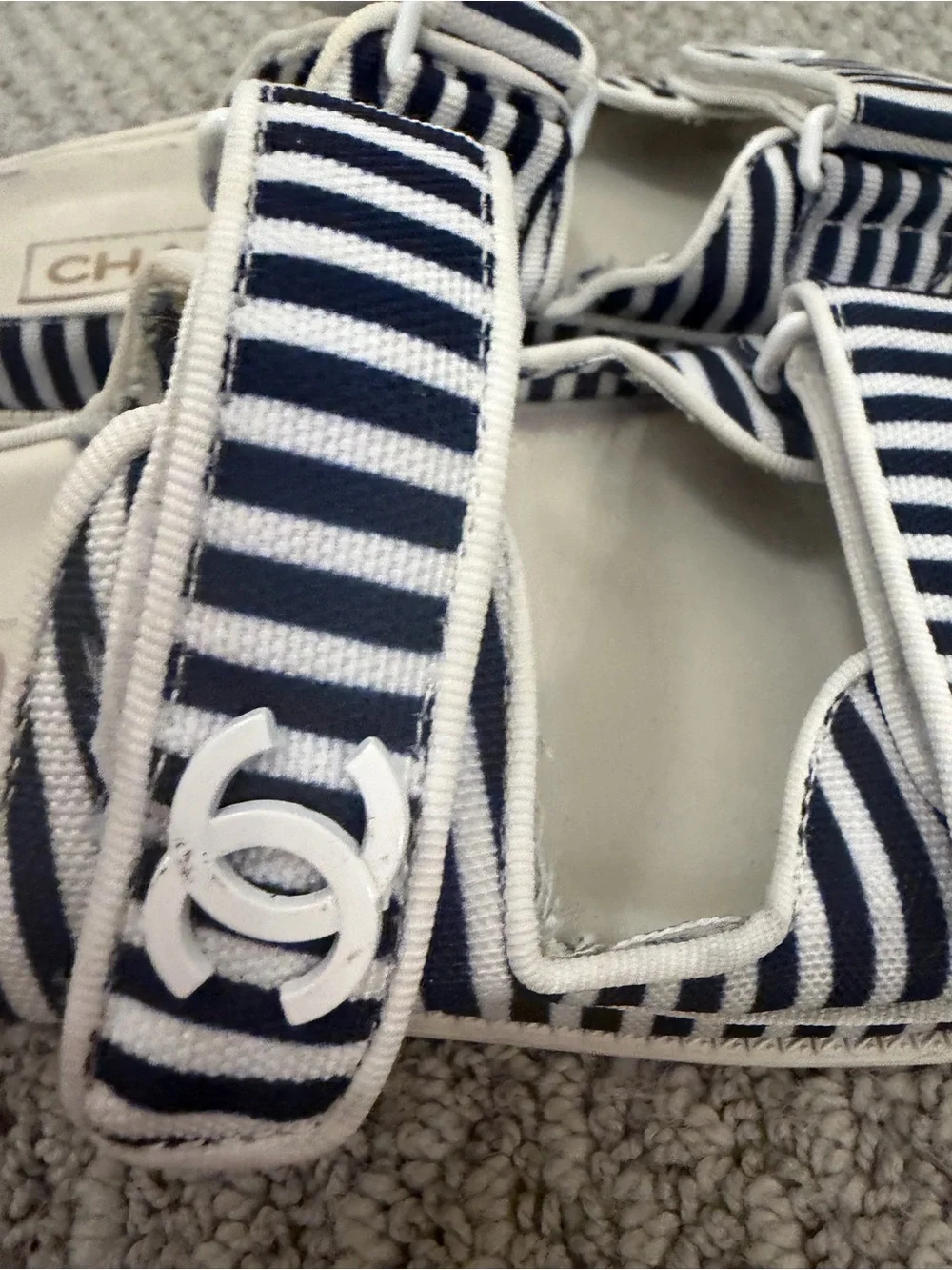 AUTHENTIC Chanel Blue/White Dad Flat Sandals Cloth Size 38C